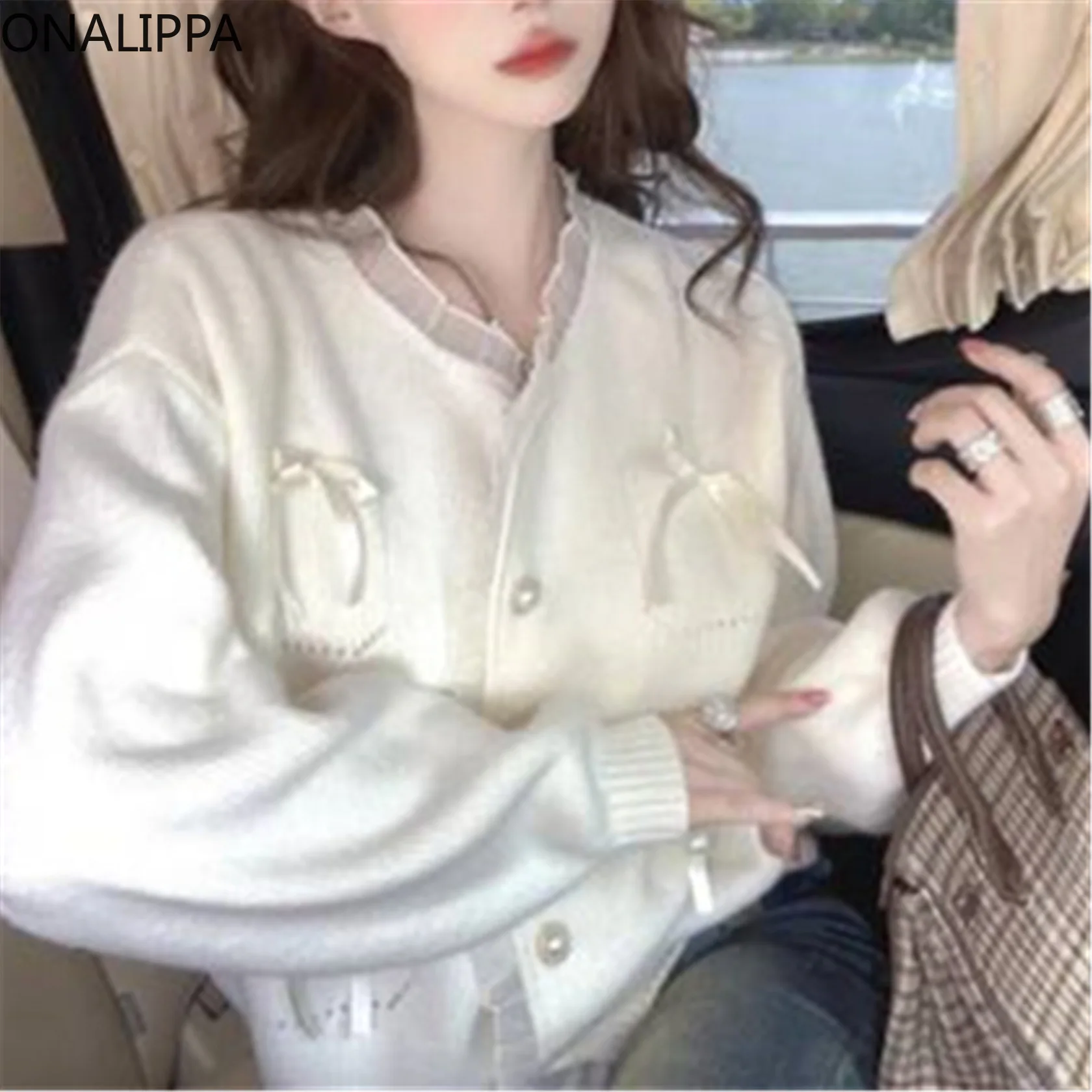 Onalippa Bows Patchwork Sweet Knitted Cardigan Wood Ear Hem Single Breasted Loose Cardigans Gentle Wind Kawaii Loose Sweater