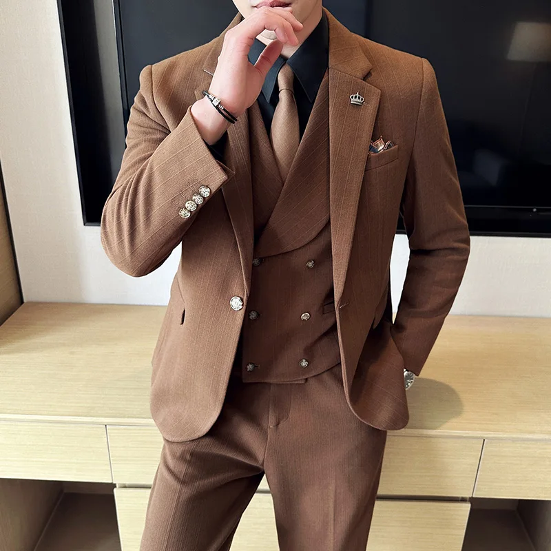 4XL 5XL(Blazer+Vest+Trousers) Men\'s Elegant Fashion Business A Variety of Gentlemen Casual Formal Woolen Suit Three-piece Suit