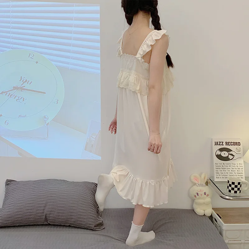 Ruffles Nightgowns ผู้หญิงฤดูร้อนหลวมหวานที่แพร่หลายนุ่ม Loungewear ประณีต Elegant เกาหลีสไตล์ Chic ทุกวัน