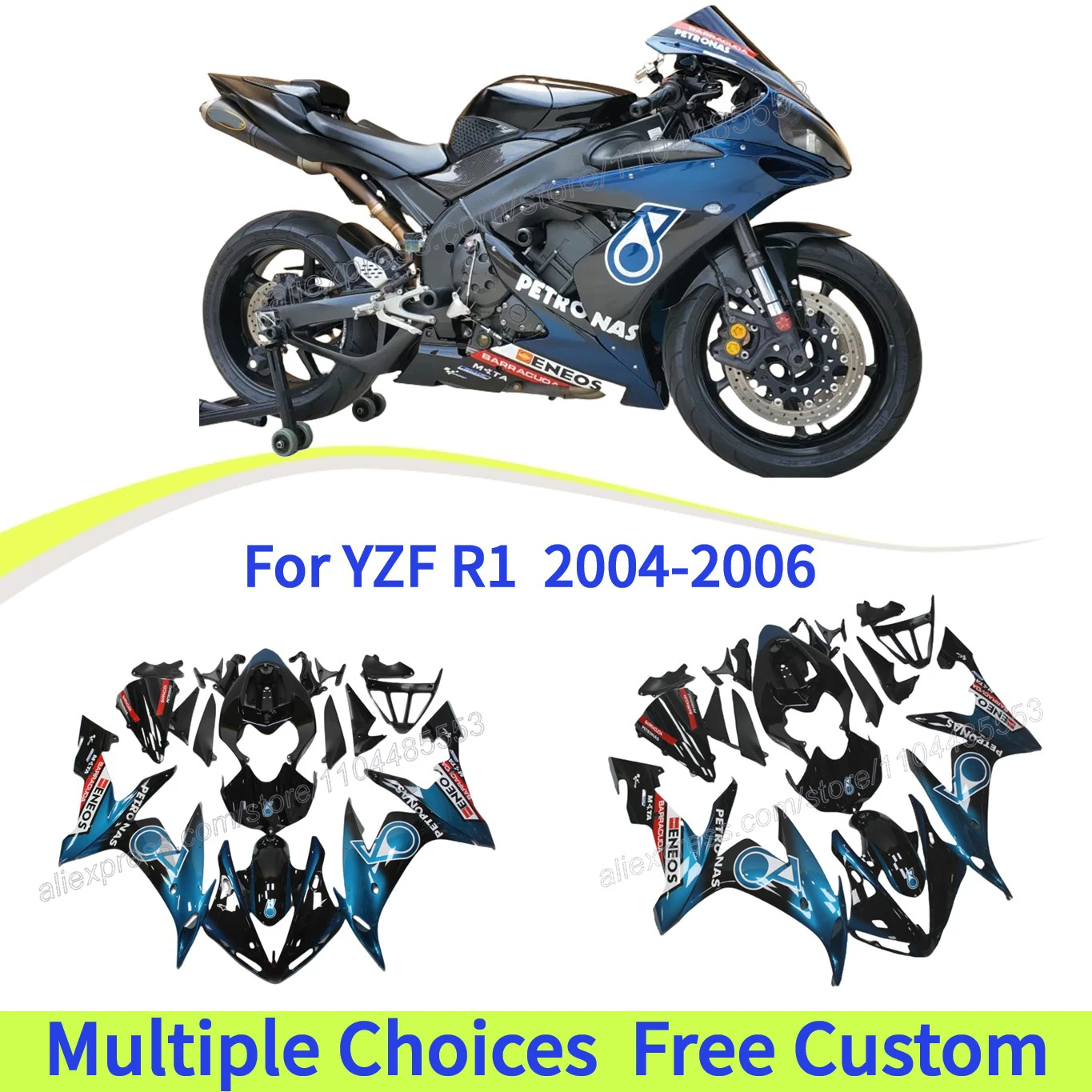 Nuevo plástico ABS para YAMAHA 2004 YZF-R1 2005 YZF R1 2006 YZFR1 juego de plástico para el cuerpo |   Gráfico Petronas turquesa y negro