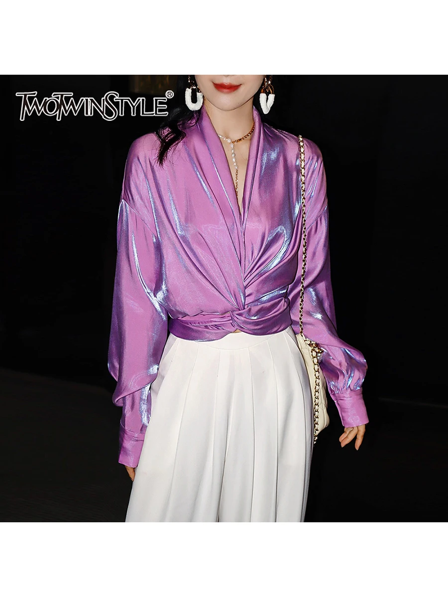 

TWOTWINSTYLE Purple Spliced Bright Silk Temperament Blouses for Women V Neck Long Sleeves Patchwork Folds Elegant Blouse Female