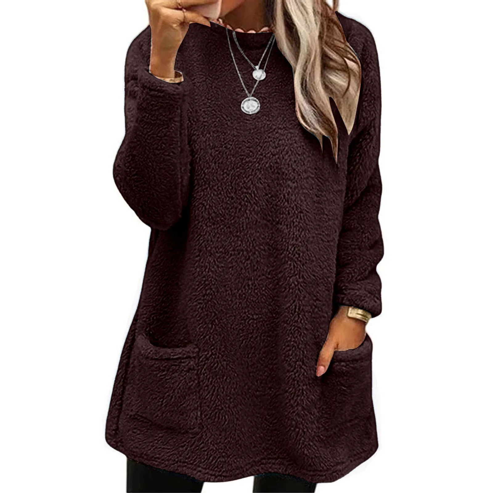 Womens Winter Coat Loose Wool Jacket Long Sleeved Jumper With Pockets Light Sweatshirt