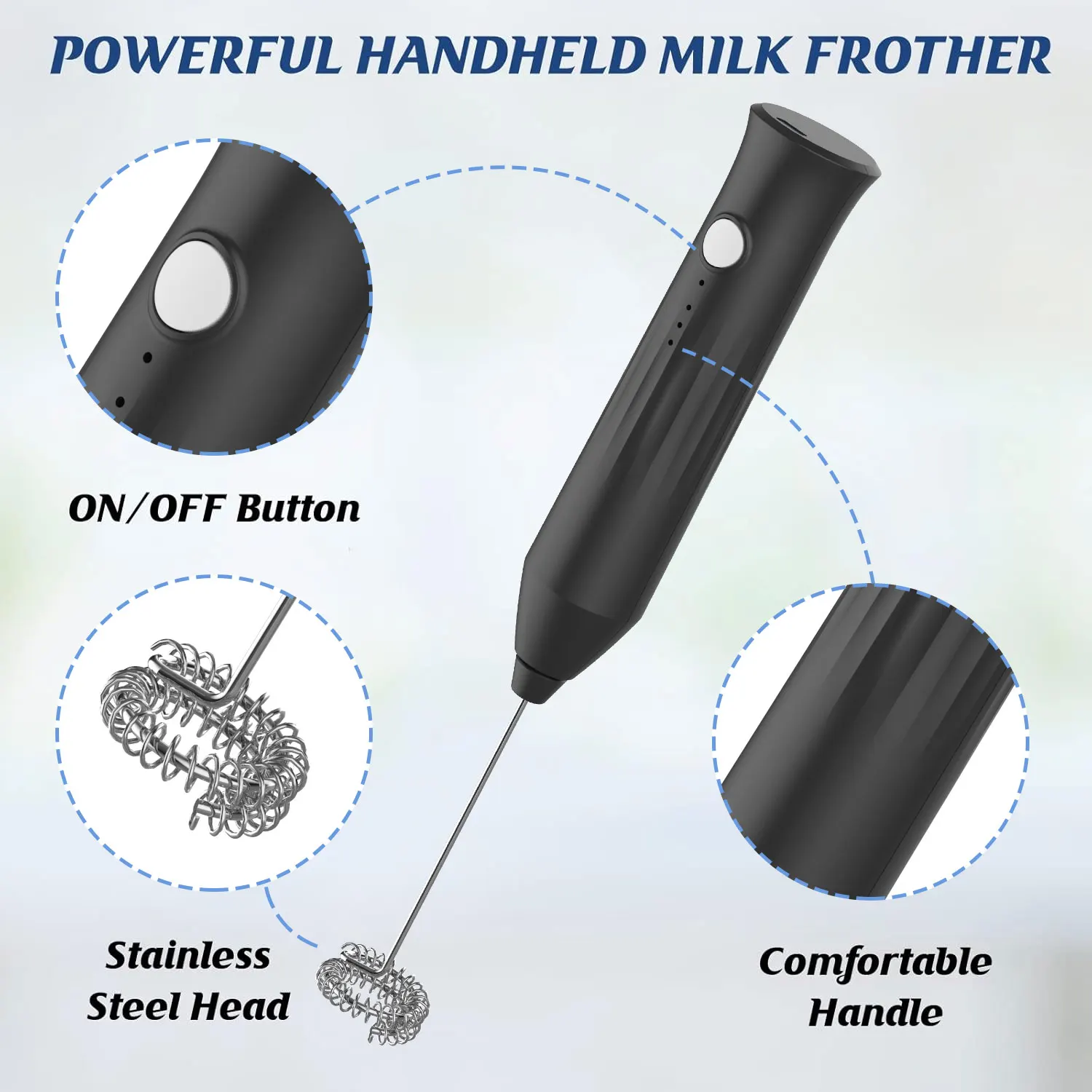 3-Speed Rechargeable Milk Frother Electric Milk Foam Maker,Coffee Whisk With 2 stainless Steel Whisks