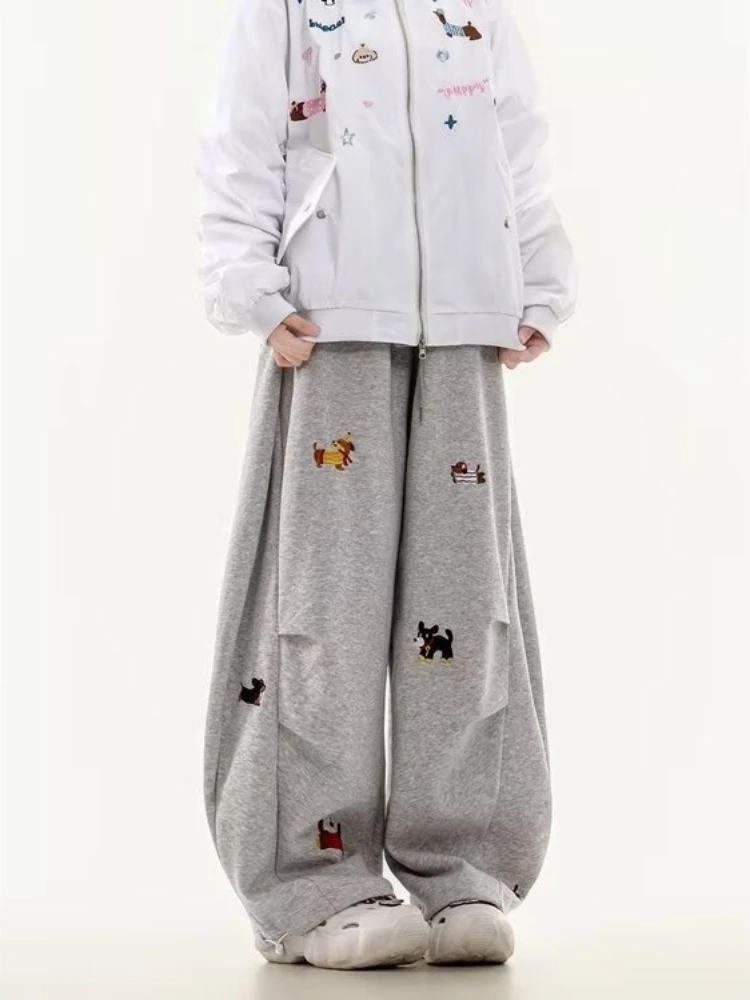2025 Y2K الأمريكية الرجعية السراويل الفضفاضة النساء المطرزة الكلب السراويل عالية الخصر الرياضة بنطال ذو قصة أرجل واسعة Sweatpants غير رسمية الشارع الشهير