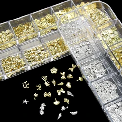 12Grids Gold Silver Sea Seires Nail Art Rhinestones Shell Starfish Seahorse Multi-shapes Metal Rivet Charms DIY Nail Decoration