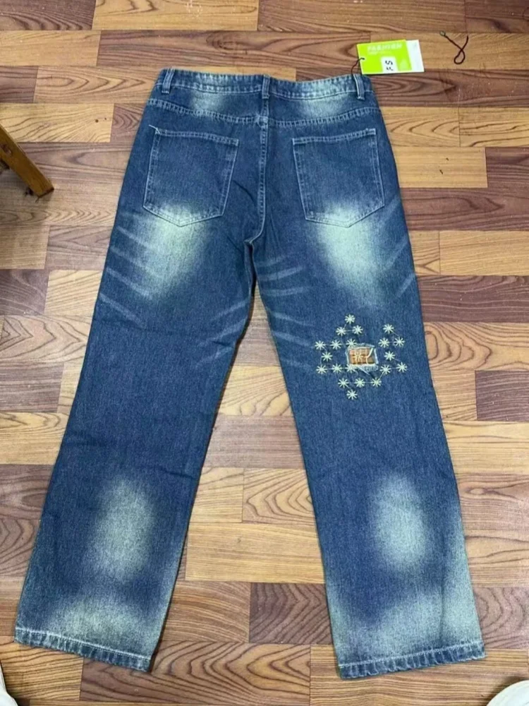 2025 Ropa Y2K Streetwearลายสก๊อตPatchwork Baggyซ้อนกางเกงยีนส์กางเกงสําหรับชายเสื้อผ้าตรงกางเกงยีนส์สีฟ้าPantaloni Uomo