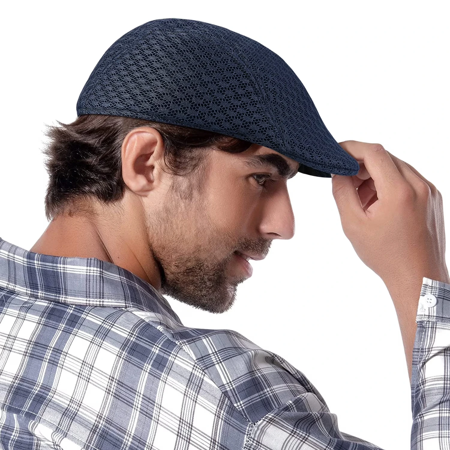 1pc Summer Casual Men Breathable Herringbone Newsboy Gatsby Cap Ivy Flat Hat Winter Adjustablr Golf Cap Cabbie Driving Navy Blue