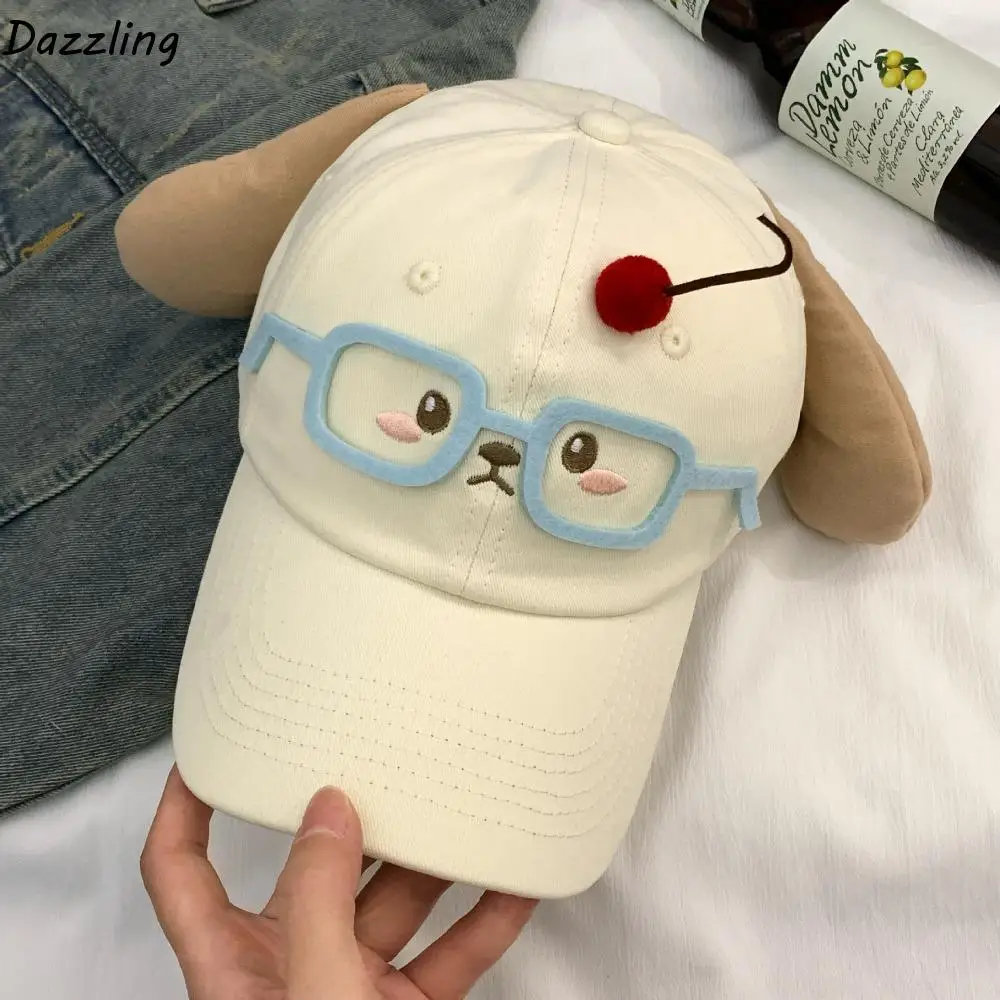 

Creative Sunscreen Cherry Dog Baseball Cap Cartoon Cotton Glasses Puppy Cap Cute Peaked Puppy Hat with Ears Streetwear