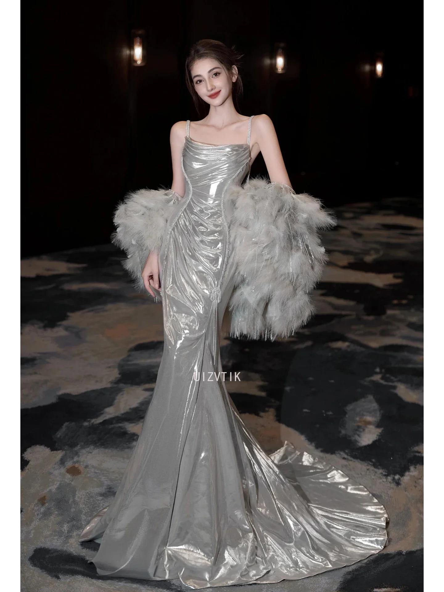 Luxus Sling Meerjungfrau Prom Kleider Weiblichen Koreanischen Stil Silber Abend Party Kleid Frauen Elegante Formale Anlass Kleider Vestidos