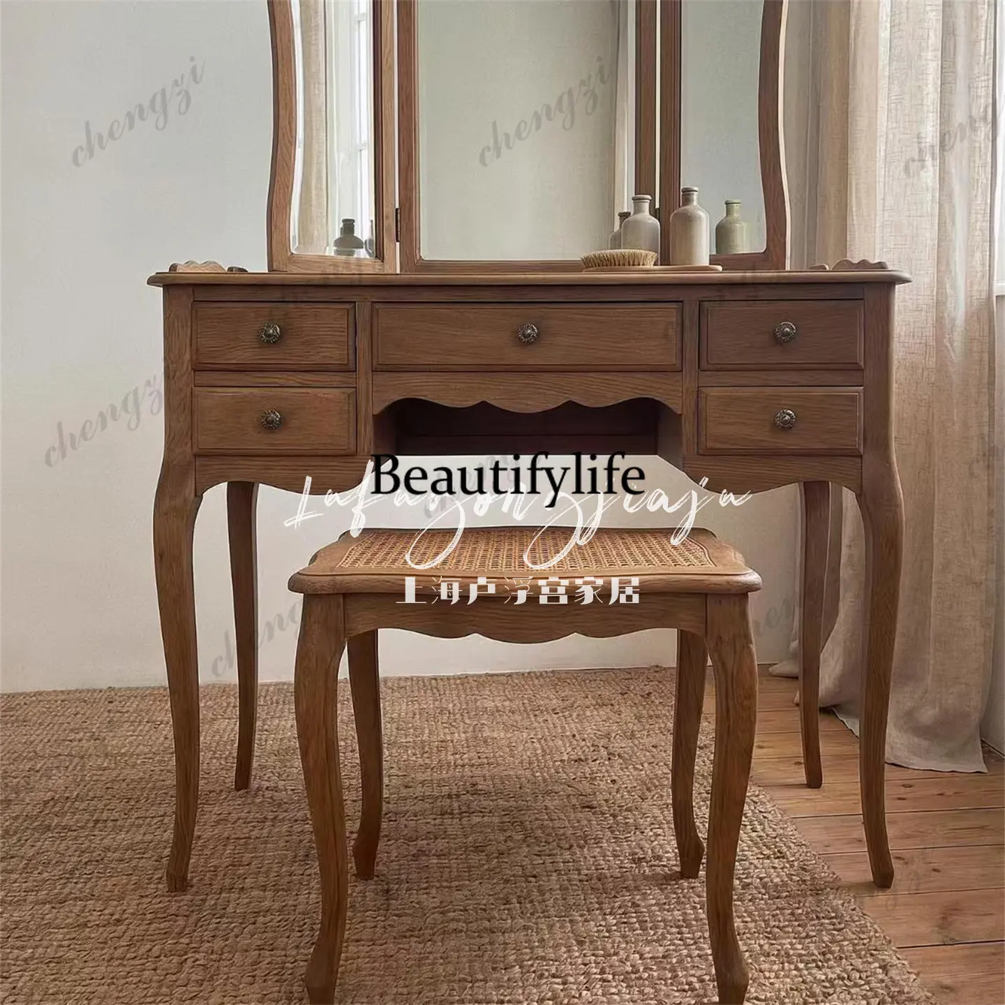 American retro dressing table bedroom dressing table solid wood three-fold makeup mirror integrated storage table