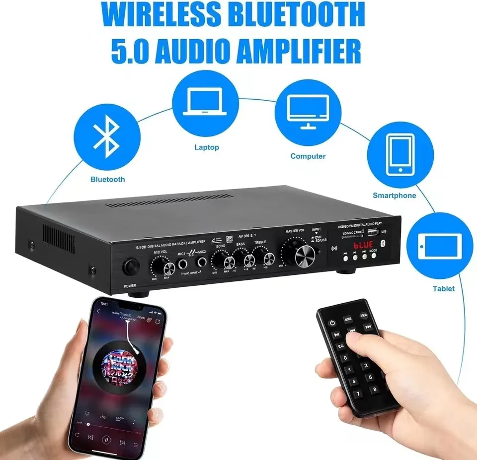 AV-369BT Bluetooth 5.1 Sound Speaker AMP,Stereo Audio Amplifier Receiver, 6 Channel Home Theater Audio Stereo System Components