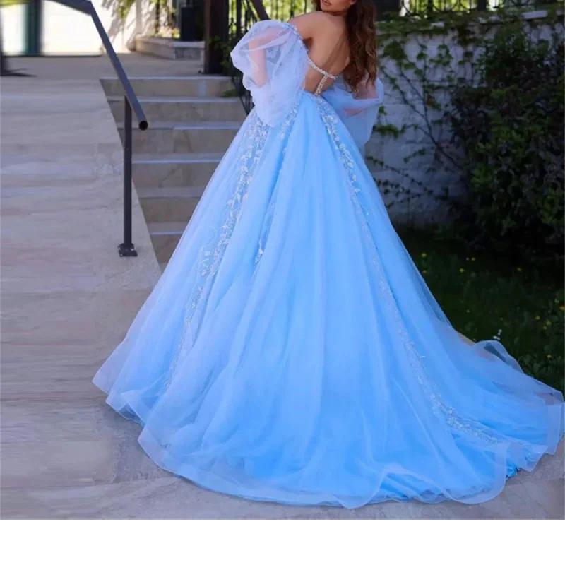 Customize Sexy Illusion Tulle Strapless Off Shoulder Floor-Length Court Train Prom Dress Evening Party Dress Made for the Ladies