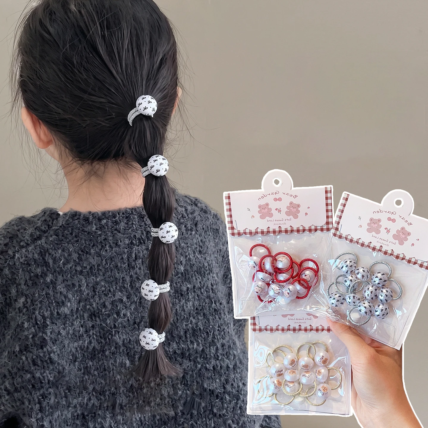 Haargummis mit Perlenmuster für Kinder, niedliche Bären- und Buchstabenmotive, Blumenmuster, elastische Haarbänder, Mädchen-Pferdeschwanz-Halter, süßes Haar-Accessoire für Kleinkinder. – Detail 1