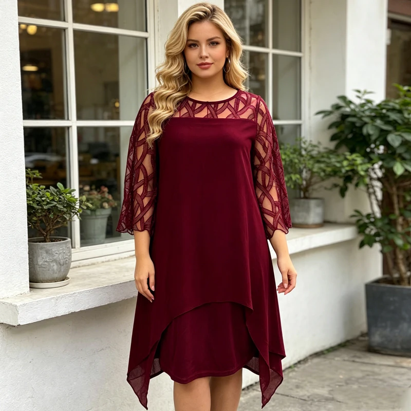 

Women's Plus Size Dress Summer Round Neck Mesh Lace Loose Casual Long Dress Female Solid Color Casual Vacation Women's Dresses