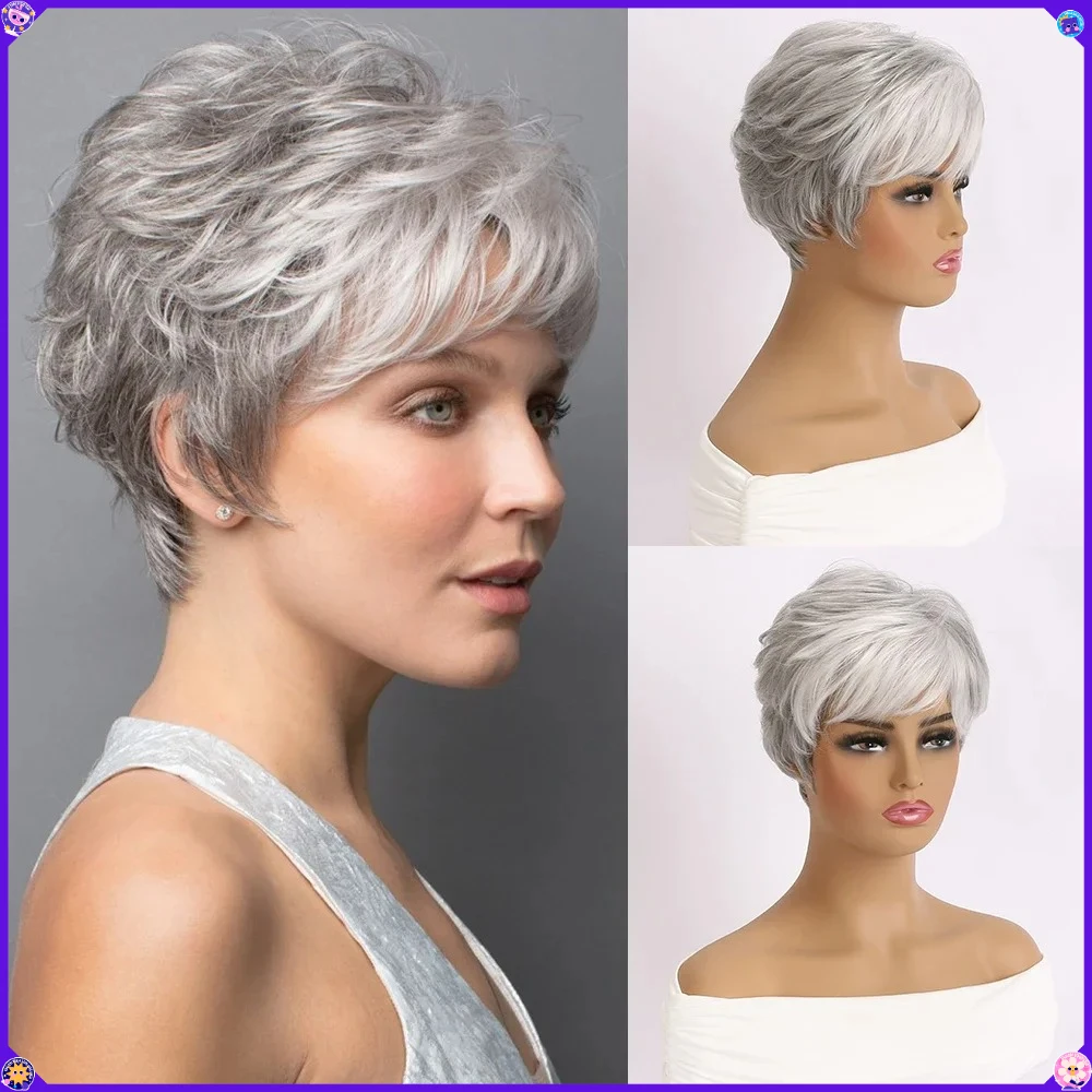 Grey Ombre Synthetic Curly Wig with Bangs Natural Wave Heat Resistant Fiber Hairpiece for Cosplay Party Daily Wear Women's