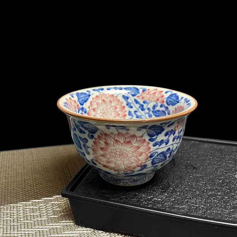 120 ml Jingdezhen Old Pottery Clay Blue and White Glazed Red Flowers Holding Hands Kung Fu Teacups Personal Special Owner Cups