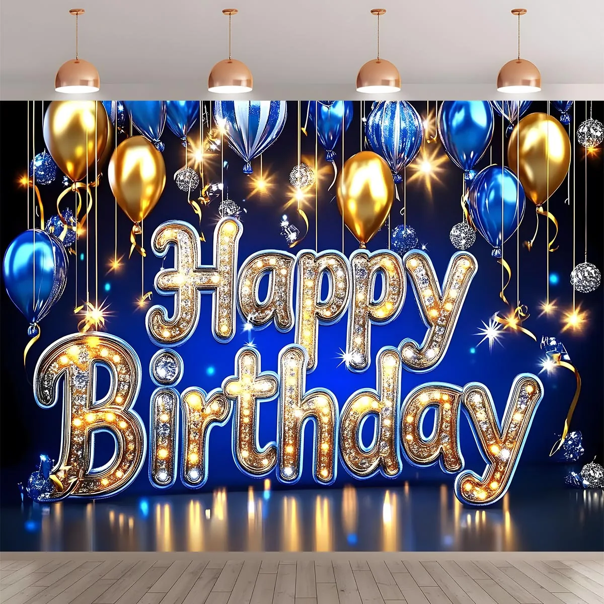 Banner de fondo de feliz cumpleaños con purpurina dorada y azul para suministros de fiesta en interiores y exteriores