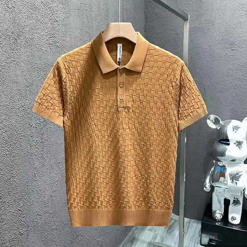 Summer Men's Polo Shirts High-end Ice Silk Thin Plaid Knitted Tees Shirt Short Sleeve Slim Fit Trendy Casual Polo Shirt For Male