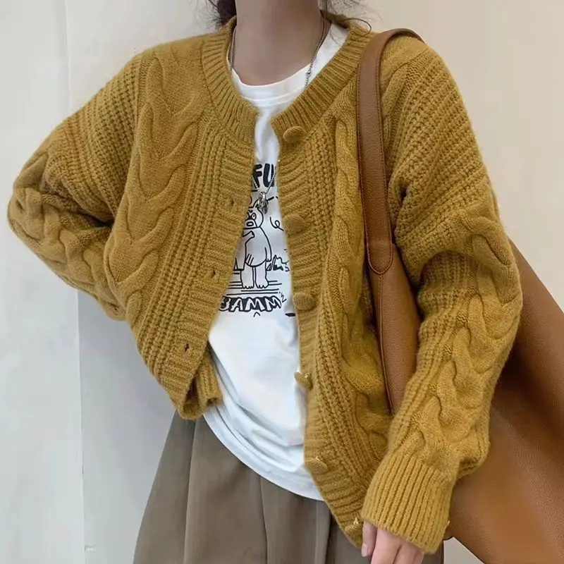 2023 Winter Women's Simple Artistic Thickened Fried Dough Twists Knitting Cardigan Korean Soft Milk Style Loose Sweater Coat