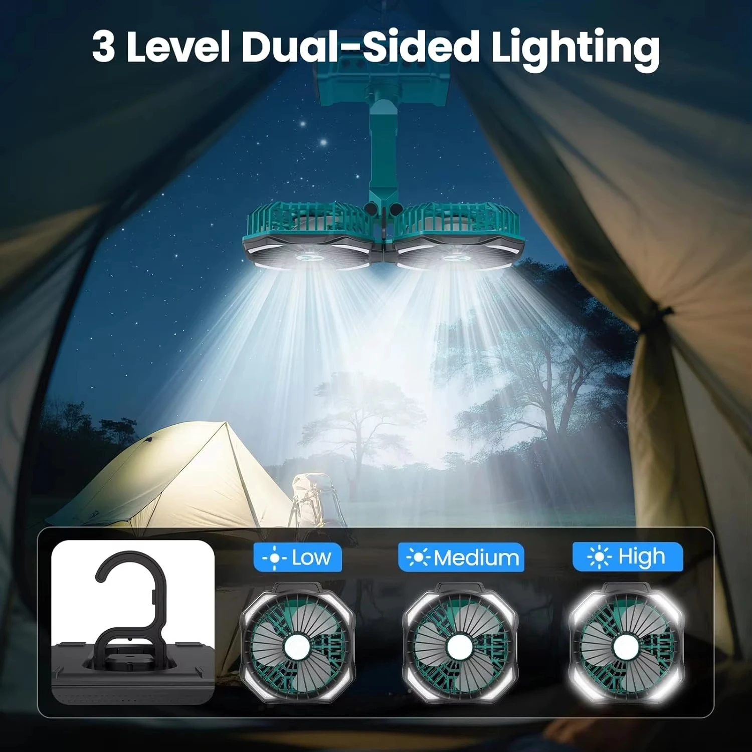

Desk Table Fan Foldable Auto Oscillation Hook Design LED Lantern Rechargeable Battery Operated Indoor Outdoor