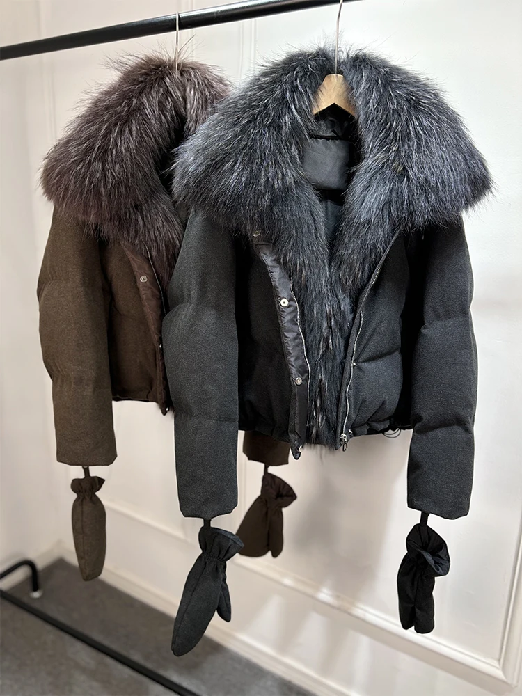 2026 Luxury Winter 90% White Duck Down Wool Blends Jacket Women Real Natural Huge Fox Fur Thickened Warm Puffer Wool Down Coat