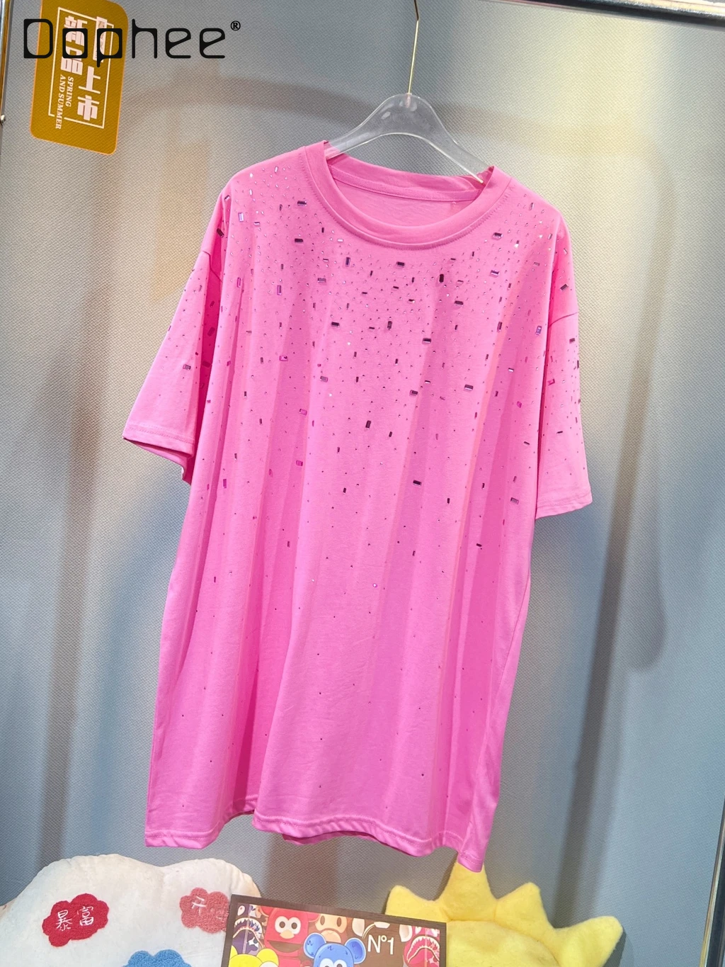 Fashion Heavy Industry Rhinestone Short Sleeve T-shirt Women 2024 Summer New Loose Round Neck Solid Color Mid-Length Cotton Top