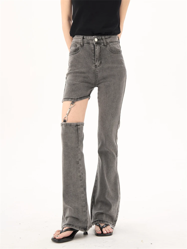 

Women's Removable Hollow Design Slightly Flared Jeans Personalized Trousers Cool Girl Casual Bottoms Female Street Pants