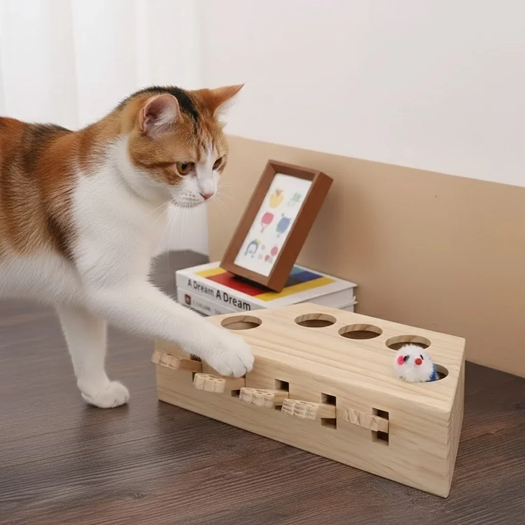 

KEEHOME Wooden Cat Toy: Interactive Teaser with Cat Scratching Board& Nest- Self-Entertainment for Boredom Relief and Play, Without