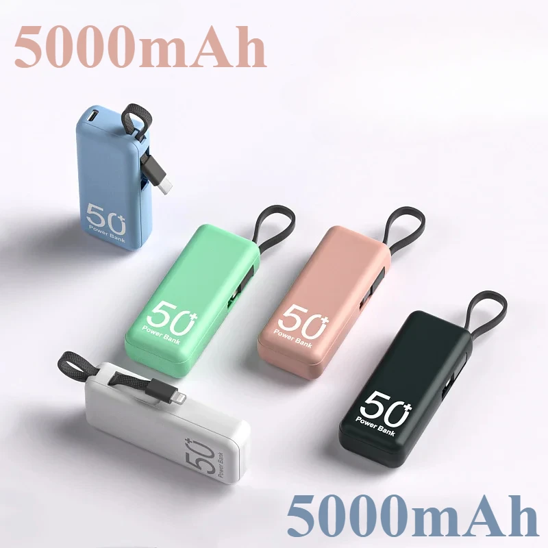 

5000mAh Mini Power Bank Fast Charging Small Powerbank With Type-C Cable External Spare Battery Charger For iPhone Samsung Xiaomi