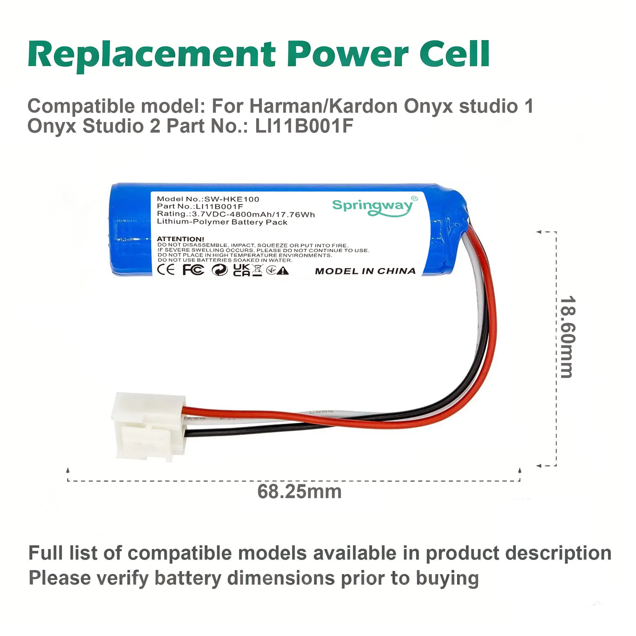 SPRINGWAY Replacement 4800mAh Speaker Battery LI11B001F For Harman/Kardon Onyx Studio 1 2