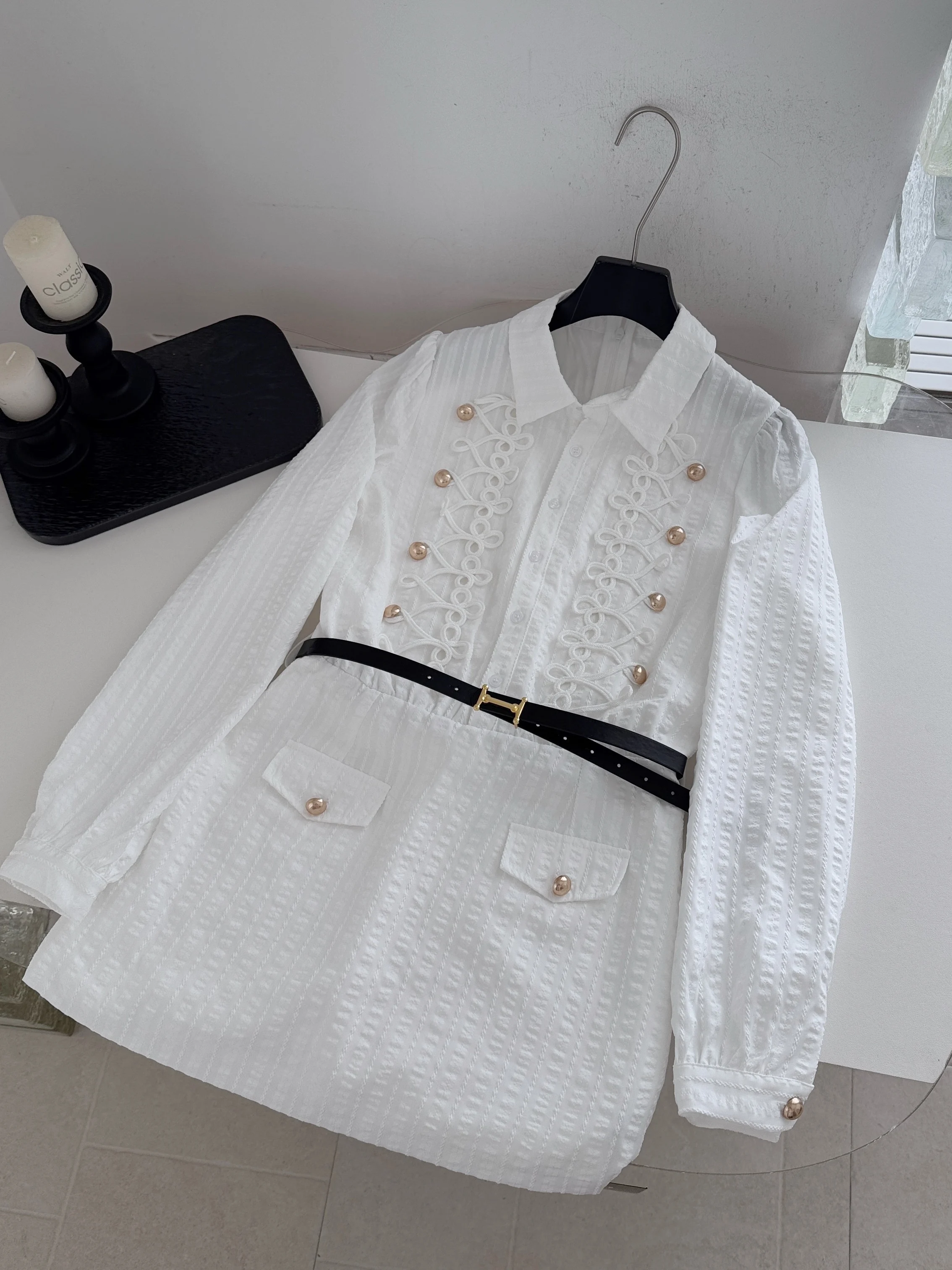 Women's High Waist Shirt Dress Long Sleeve Slim Fit French Style Atmosphere Dress Autumn Collection White Color Elegant Feeling