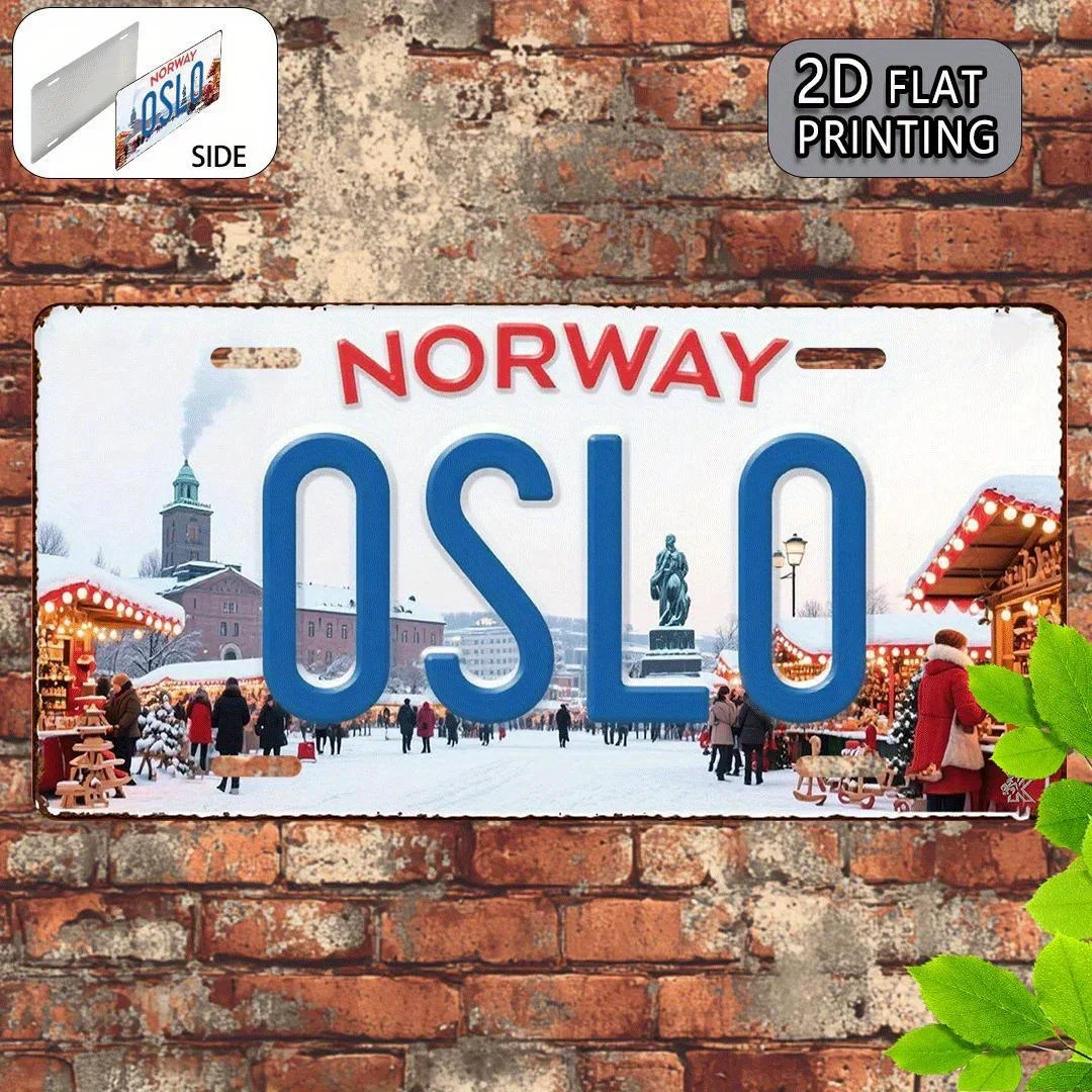 2D Flat, 1pc Norway Oslo Vintage Metal Aluminum Sign - 30.23x15.24 cm Retro Wall Decor with Snowy Cityscape & Christmas Marke