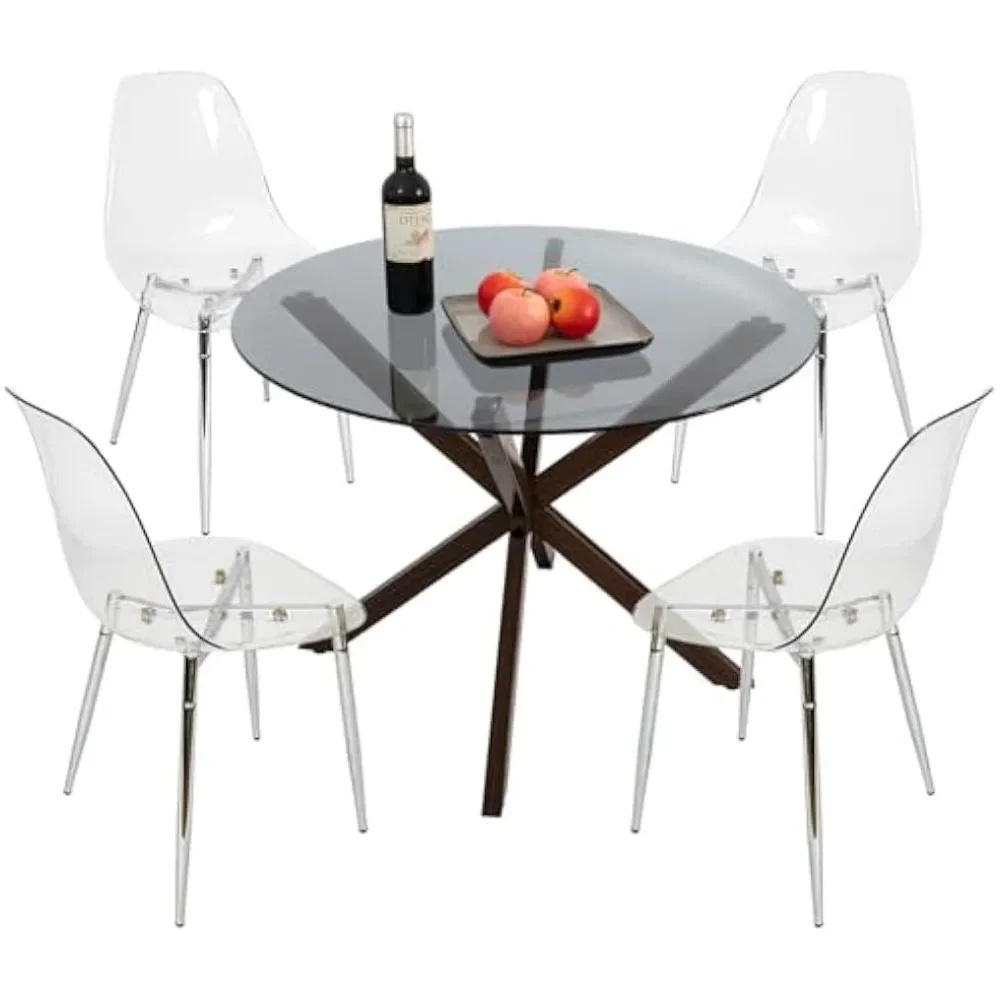 Stijlvolle ronde glazen eettafelset voor 4 personen - grijze tafel en 4 heldere stoelen voor eetkamer, koffieshop en kleine ruimtes, 2-pack