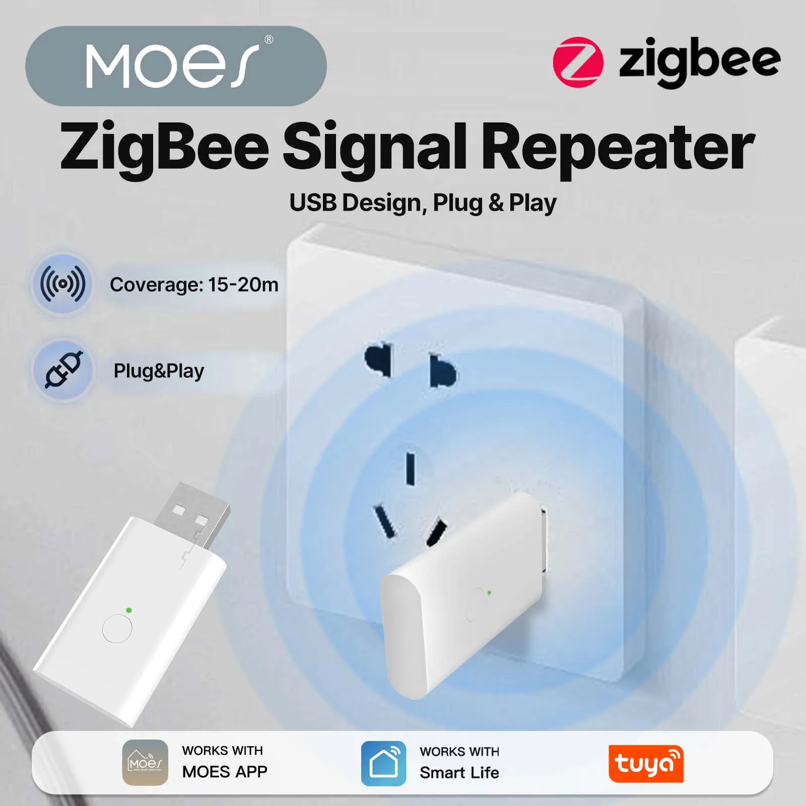 

MOES Tuya ZigBee3.0 Signal Repeater Amplifier USB Port Range Extender Smart Home Device Expand Wireless Work With ZigBee Gateway
