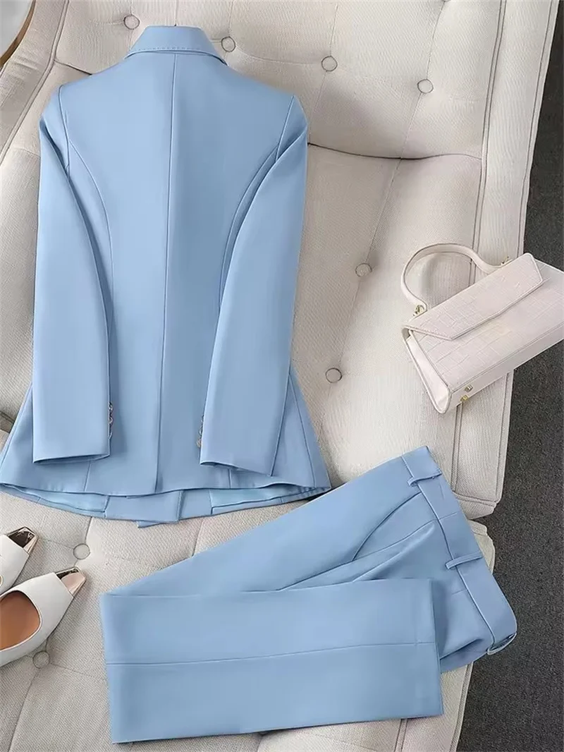Fashion Office Ladies Pant Suit 2 Piece Sets Women Solid Double-breasted Business Work Wear Blazer Jacket and Trouser Female