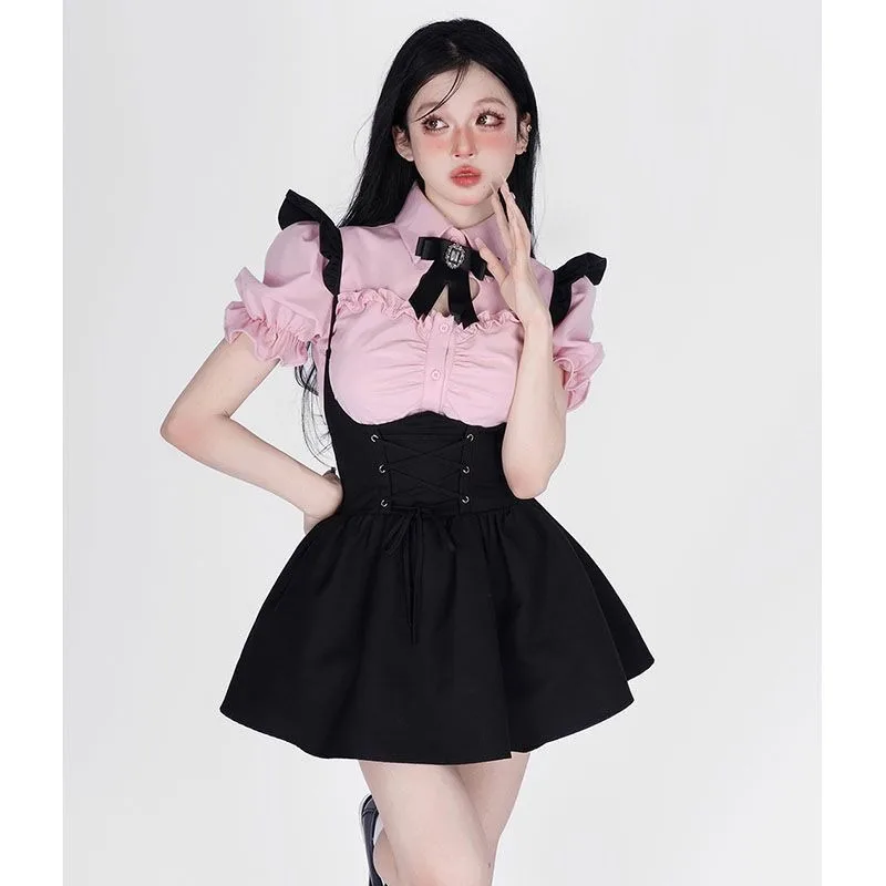 Spicy Girl Bubble Sleeves Shirt Straps Fluffy Skirt Two Piece Set Lady Fashion Bow Hollow Flounce Academy Solid Slim Summer Suit