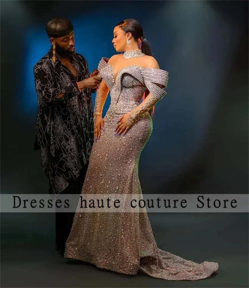 Aso Ebi Luxury Silver Lace Beaded Evening Dresses 2024 Lace up Back African Mermaid Prom Dress Custom Wedding Party Gown