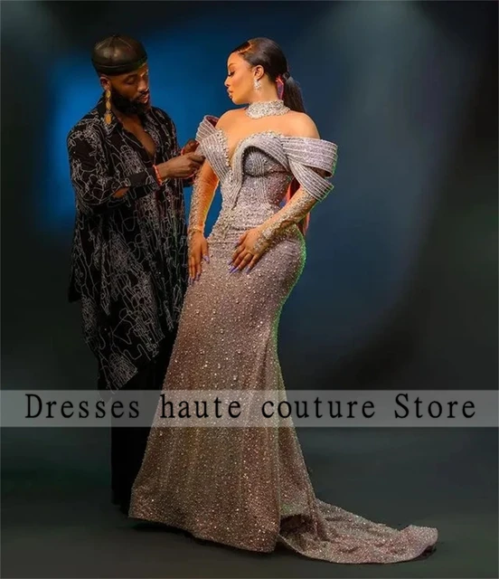 Aso Ebi Luxury Silver Lace Beaded Evening Dresses 2024 Lace up Back African Mermaid Prom Dress Custom Wedding Party Gown AliExpress