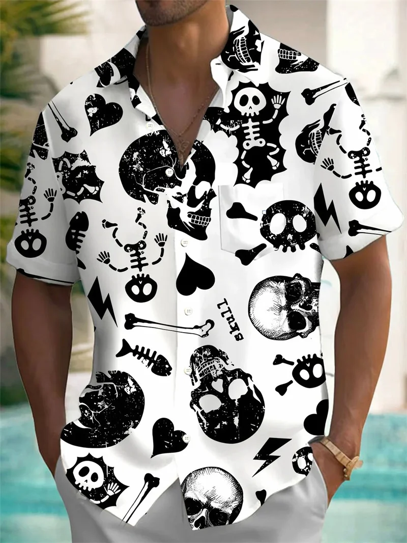 Pumpkin casual dark men's shirt button black skull shirt party vacation summer collar short sleeved shirt