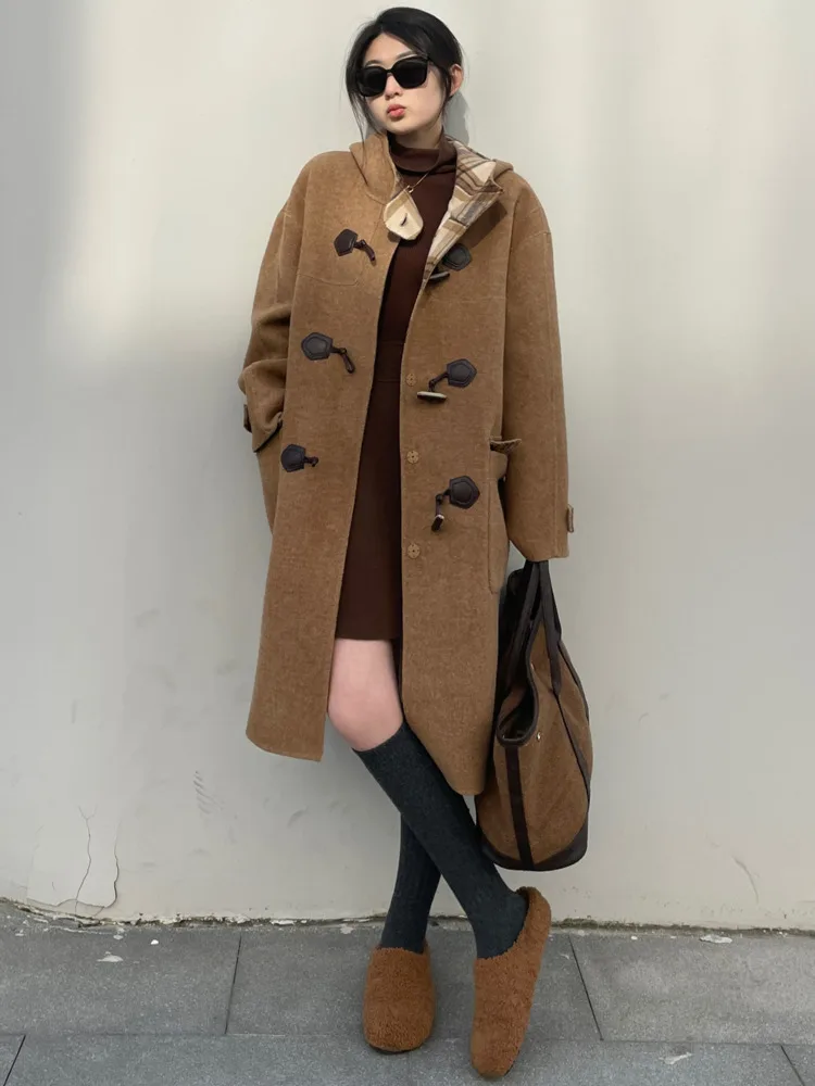 ZMEENNA Stylish Women's Wool Blend Hooded Toggle Duffle Coat Loose Fit Warm Winter Outerwear For Casual Everyday ZM3521