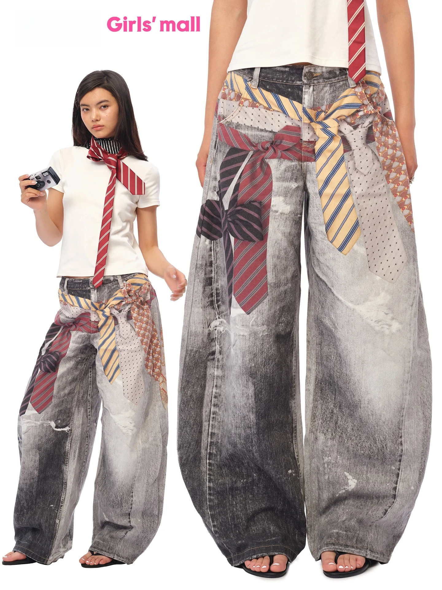 

Gradient MOF Girl Zhou Shen Tie Print Vintage Distressed Curved Knife Pants Sweatpants Natural Waist Denim Jeans for Girls