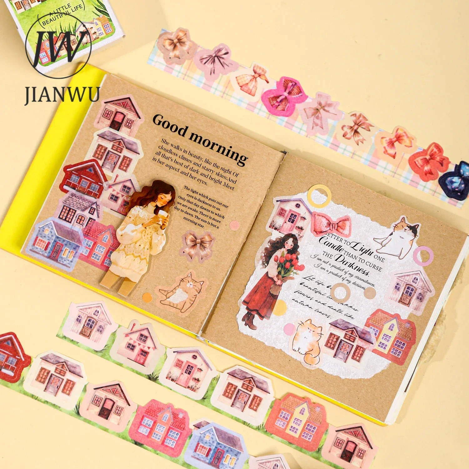 JIANWU 25mm*200cm 작은 아름다운 생활 시리즈 귀여운 고양이 집 풍경 재료 콜라주 테이프 크리 에이 티브 저널 편지지