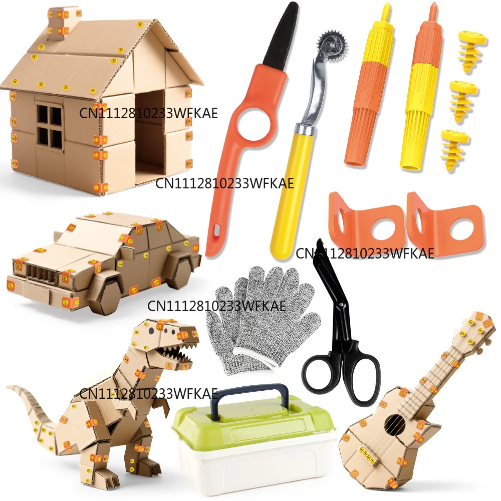 AT19-Cardboard Tools For Kids With Cutter& Tool Box-150 PCS Cardboard Construction Kit Ideal For Family& Team Activities