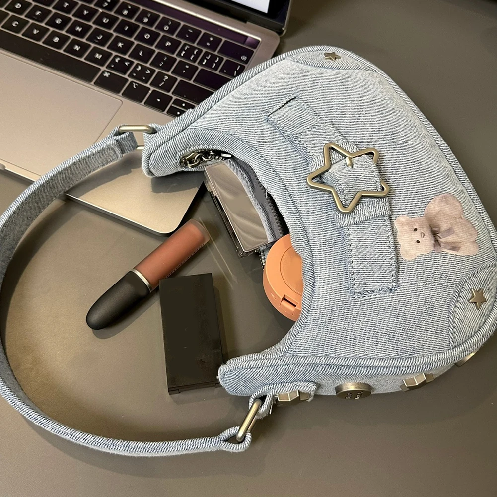 Women Casual Hobos Bag Vintage Y2K Top-Handle Bag Denim Star Decor Solid Color Gift for Girls Female Armpit Bags Purse Tote Bag