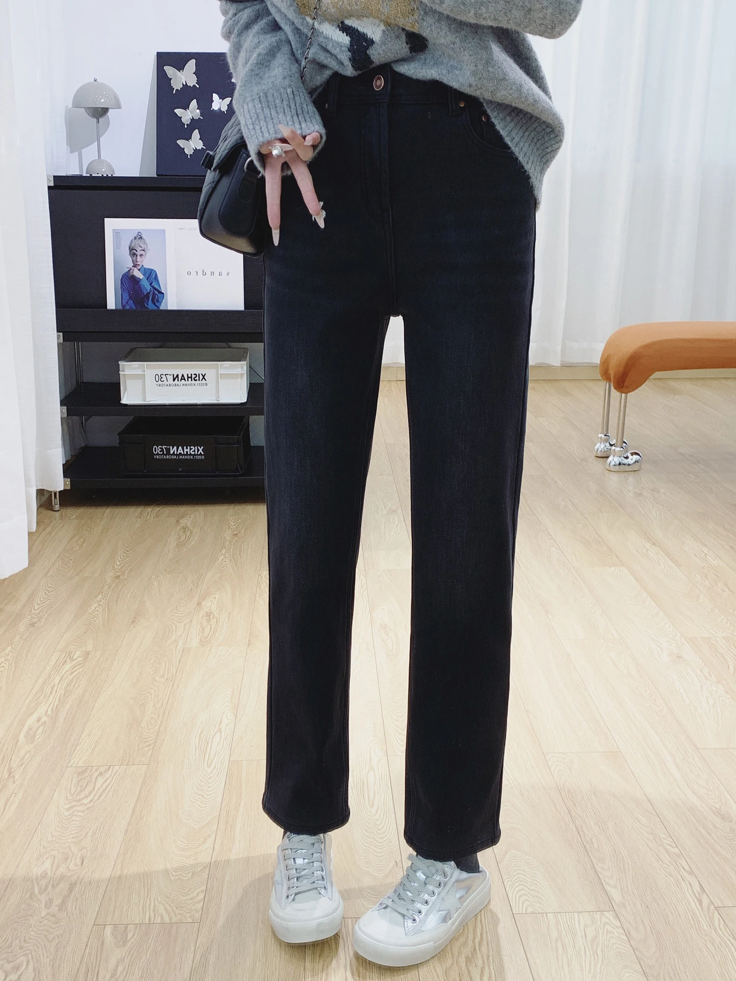 

Женские зимние джинсы с высокой талией, утепленные флисом, прямого кроя, повседневные, эластичные, из мягкого хлопка, теплые брюки