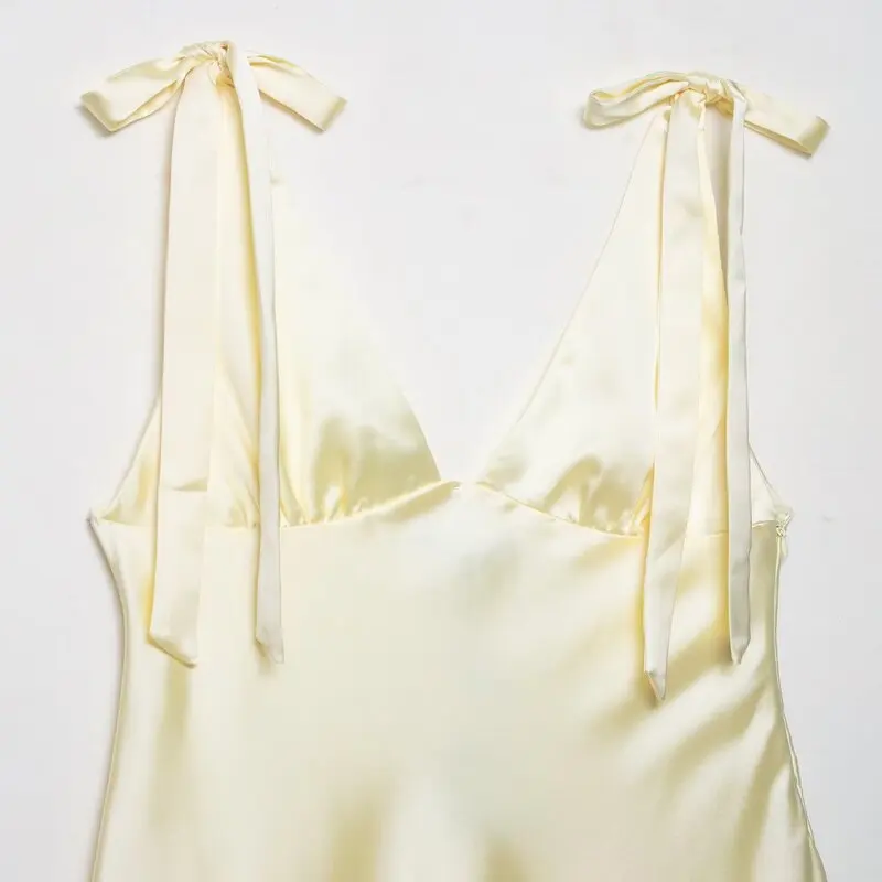 Zijde Satijn Lange Dr Dames Faion Knoop Versierd Nieuwe Collectie Herfst 2025, Ins Sle Strapl Jurk voor Dames