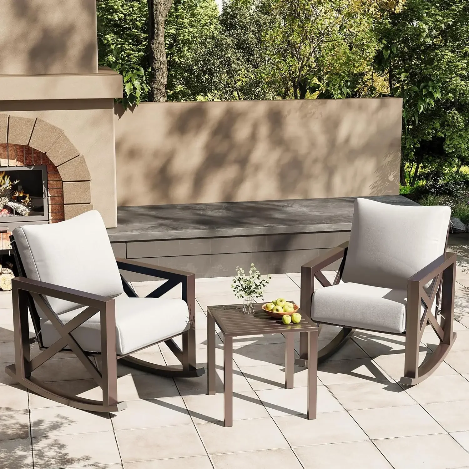 3 Piece Outdoor Patio Furniture Set with 2 Rockers and 1 Metal Coffee Table with Thick Cushions for Porch, Backyard