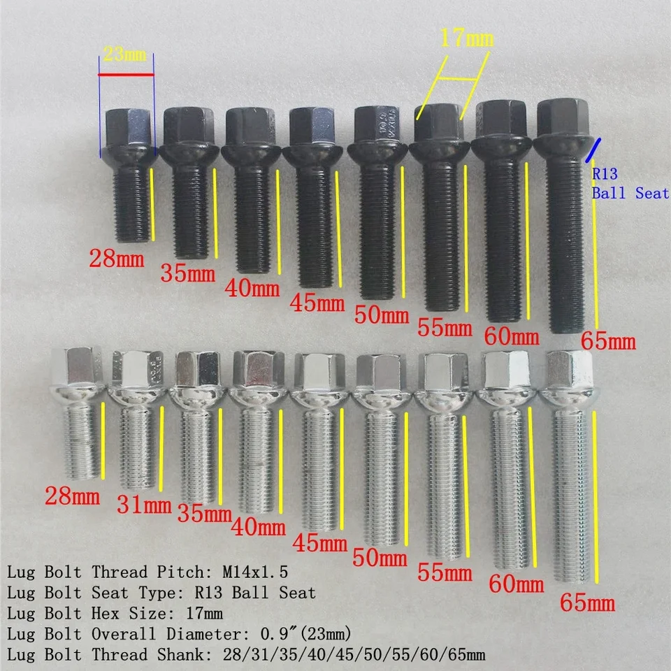 4PCS M14x1.5 볼 시트 R13 휠 러그 볼트 28 31 35 40 45 50 55 60 65mm 생크 벤츠 A B C E S G GLK GLC M ML 휠 너트 썸네일 7