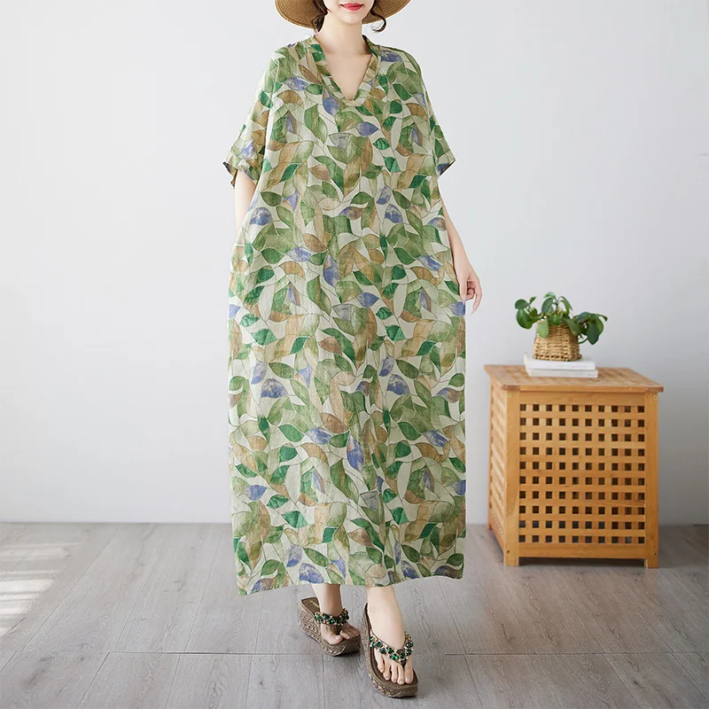 

Длинное платье с цветочным принтом, тонкое свободное женское платье с v-образным вырезом, летняя хлопково-льняная смесь, повседневная одежда для путешествий, макси-юбка