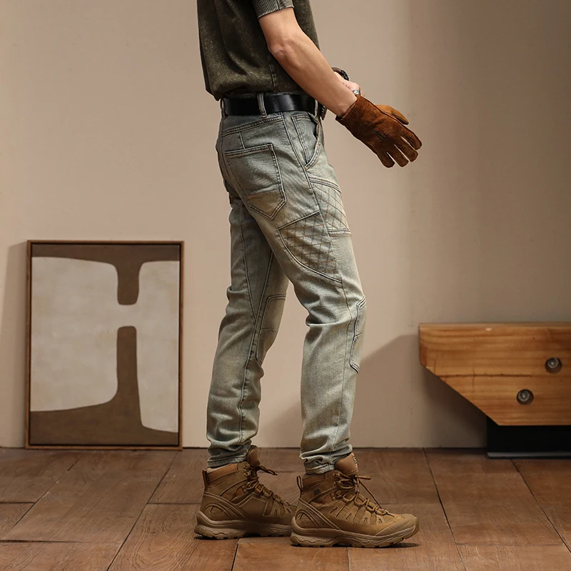 New American High Quality Slim Fit Patch Motorcycle Pants Vintage Jeans for Men Skinny Jeans Men cargo pants  streetwear men